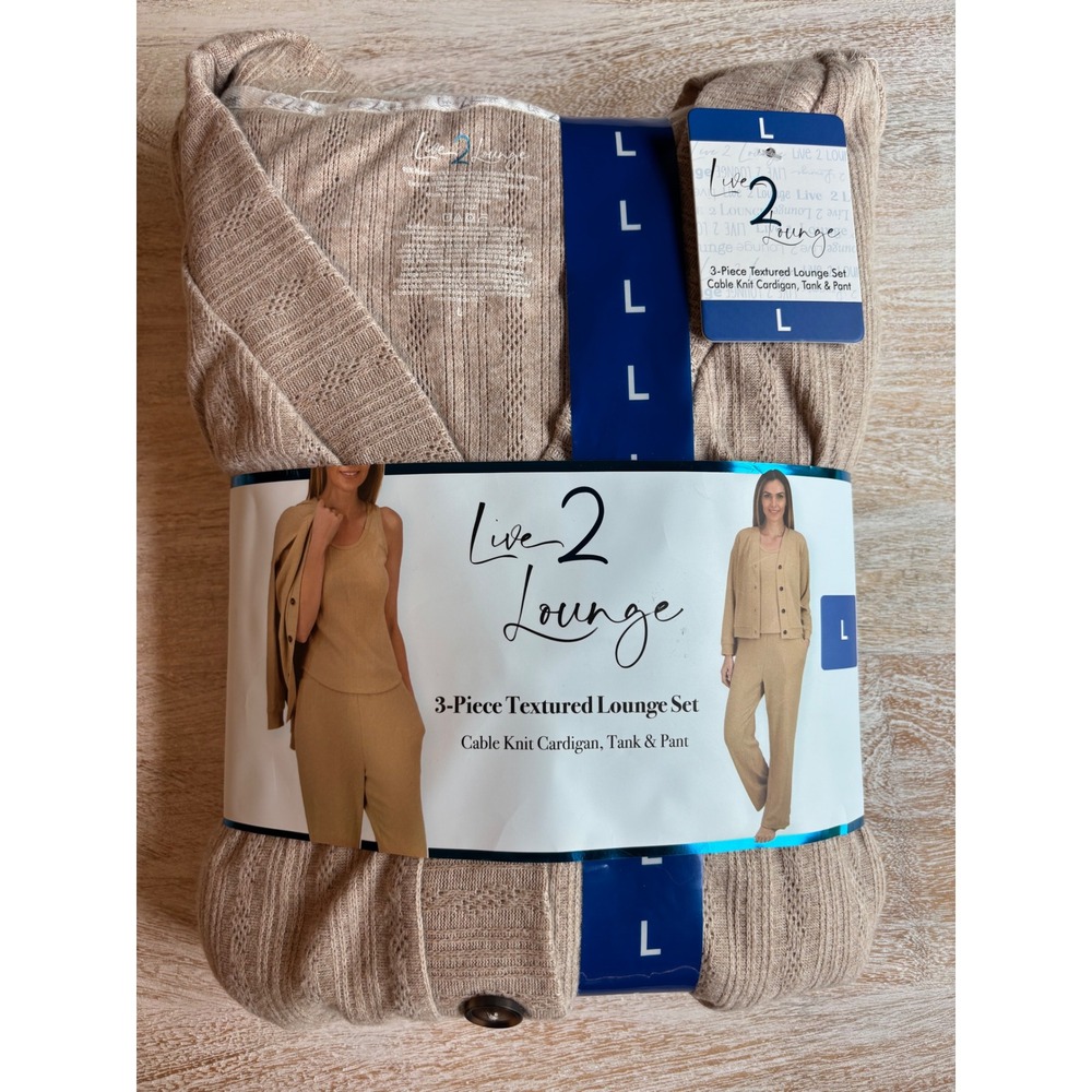 NWT size Large Live 2 Lounge 3-Piece Lounge Set Tan Cable Knit Cardigan Tank